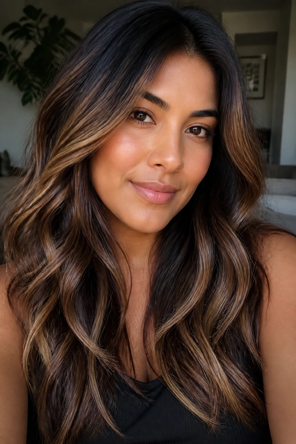 Close-up of a real person with warm caramel, bronze, chestnut balayage ribbons