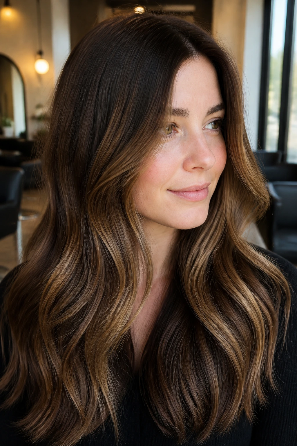 Close-up of a real woman's hair showing chocolate caramel balayage with soft root shadow and beige caramel highlights in natural window light.