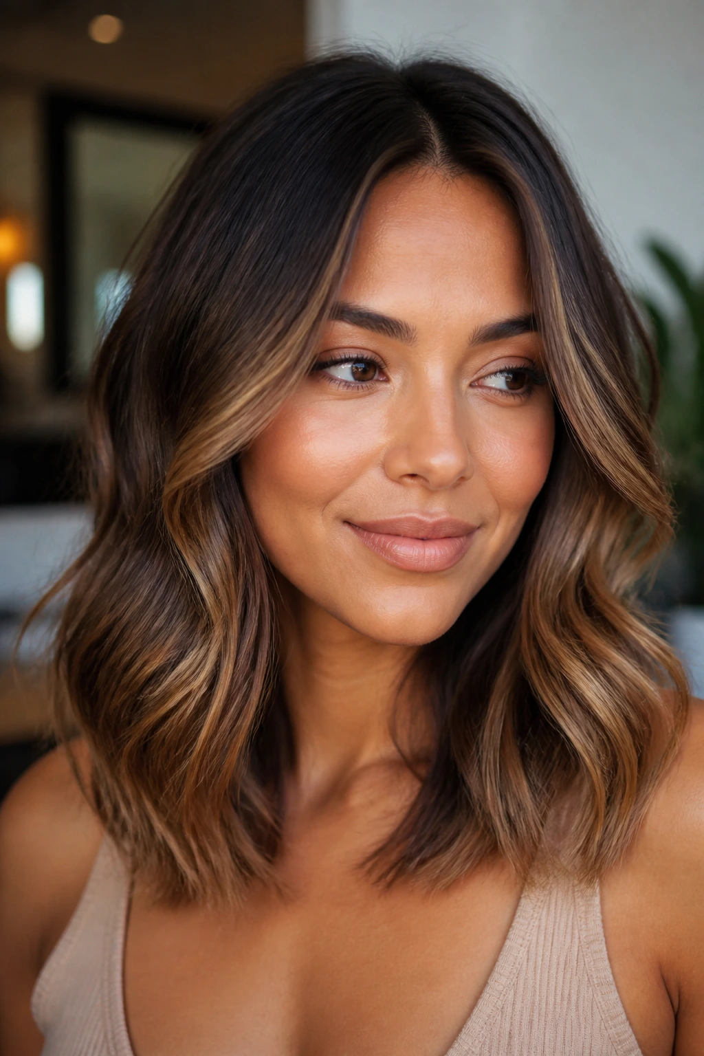 Chestnut base with caramel balayage on shoulder-length waves