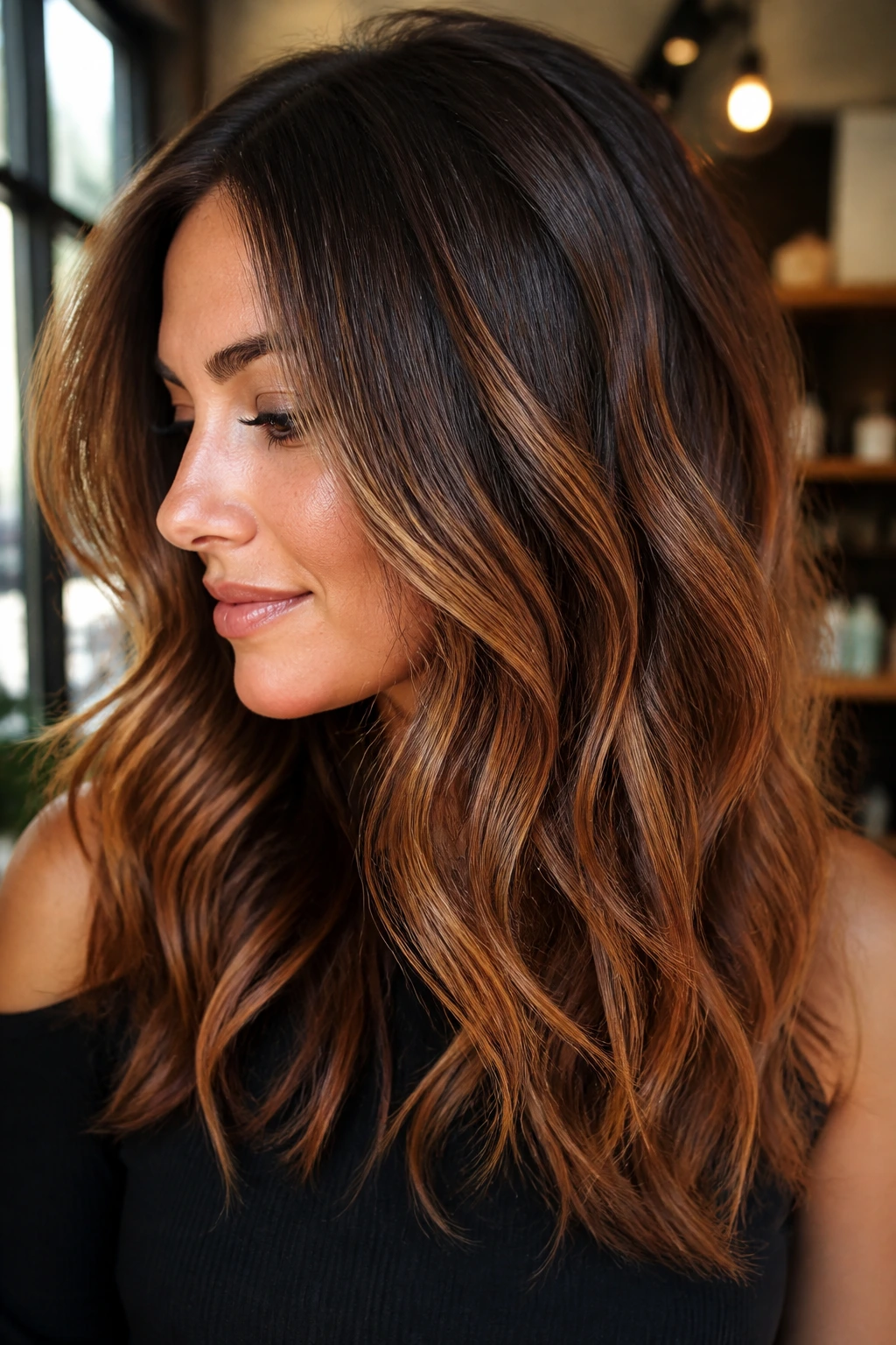 Close-up portrait of brunette with copper-kissed caramel balayage