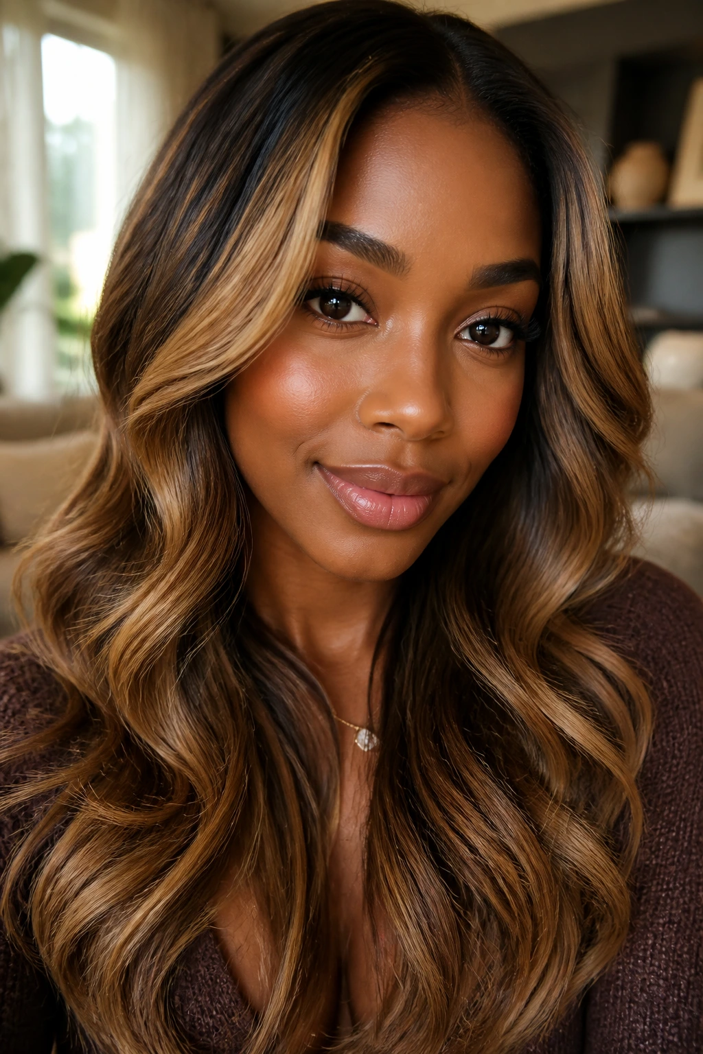Close-up portrait of a deep-skinned woman with caramel blonde balayage and warm cheekbone highlights.