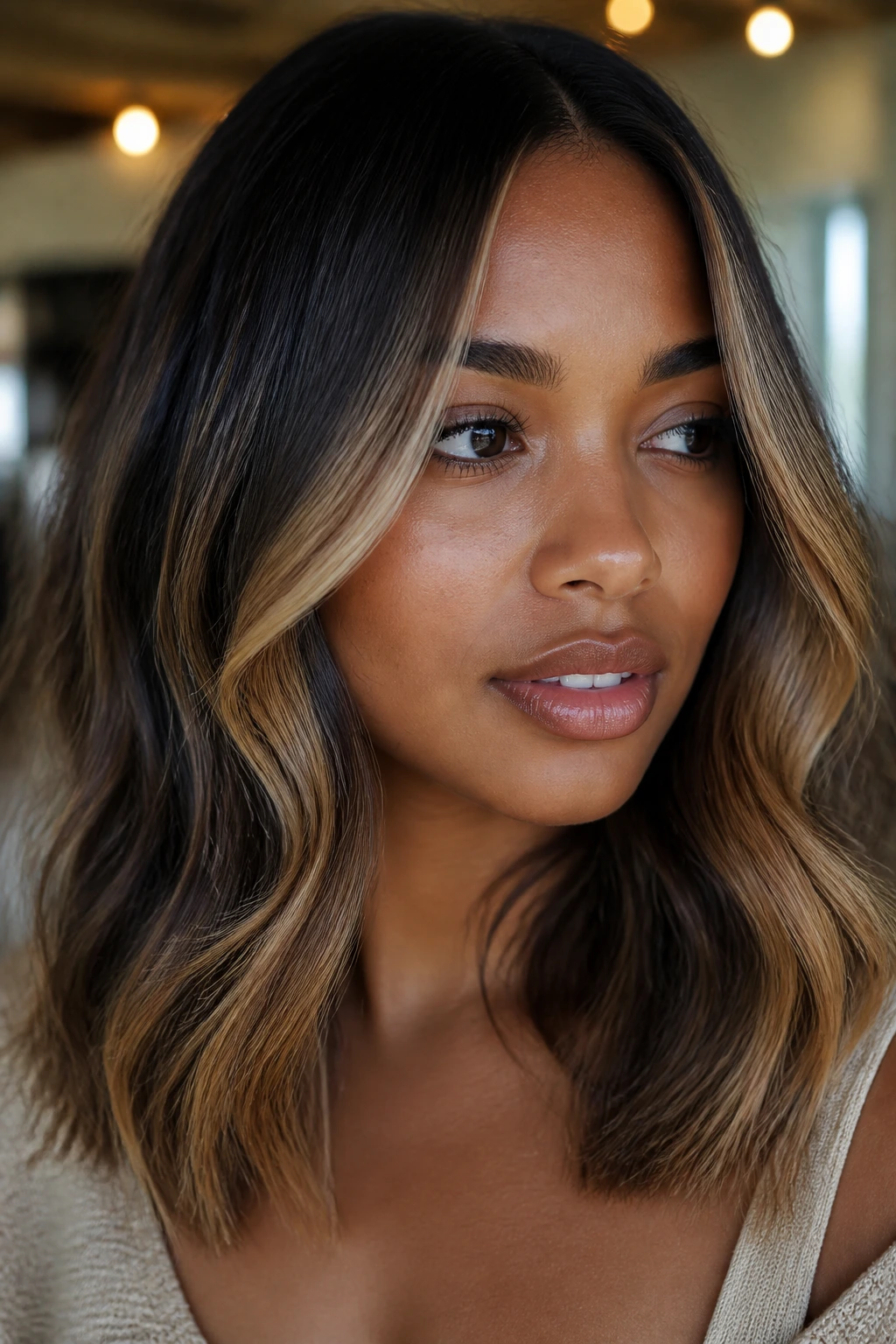 Front-framed burnt sugar balayage highlighting around temples and cheeks on a deep skin tone.