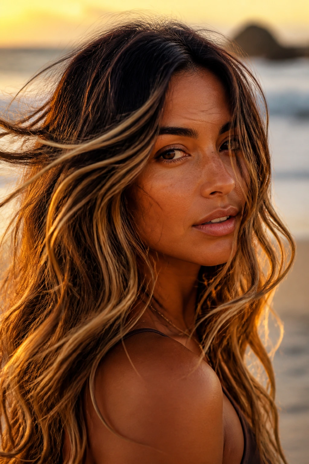 Close-up portrait of a real woman with medium skin tone showing caramel balayage and beachy waves in motion.