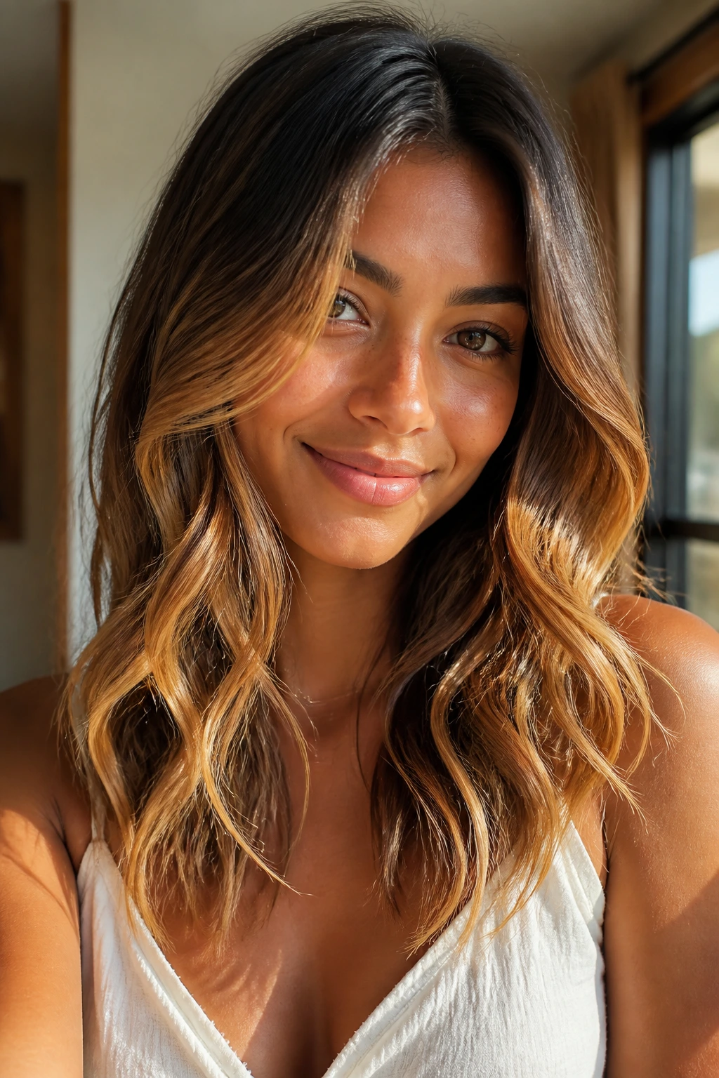Close-up of a face with sunlit caramel balayage showing root shadow and honey ends