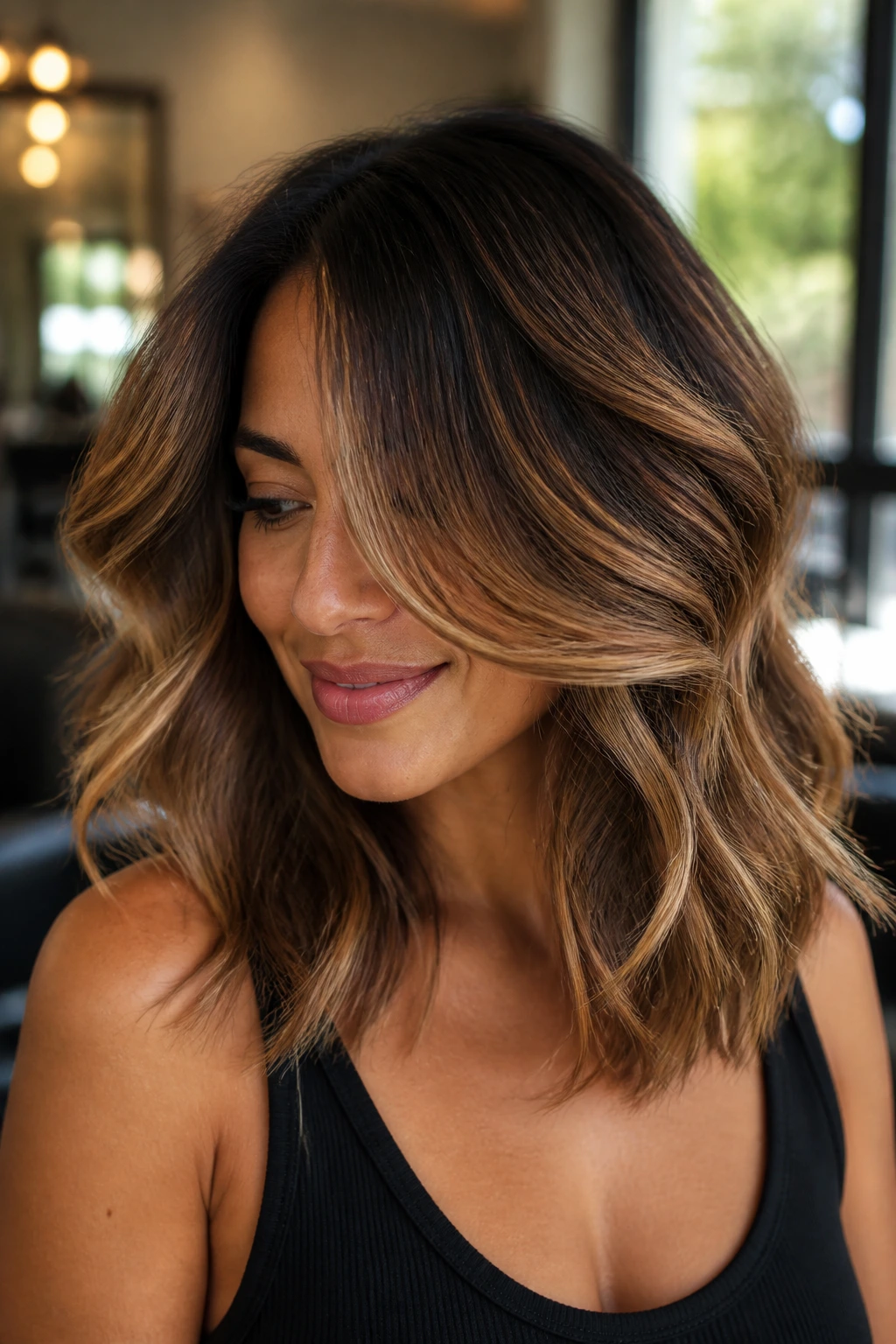 Close-up of spiced latte balayage on shoulder-length hair with brunette, caramel, and honey tones