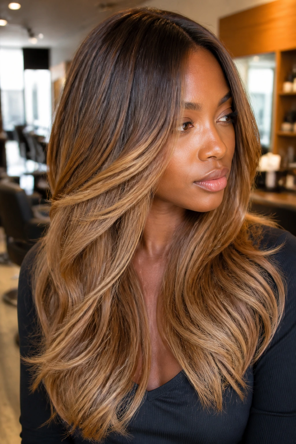 Portrait of a person with caramel-rooted balayage layers