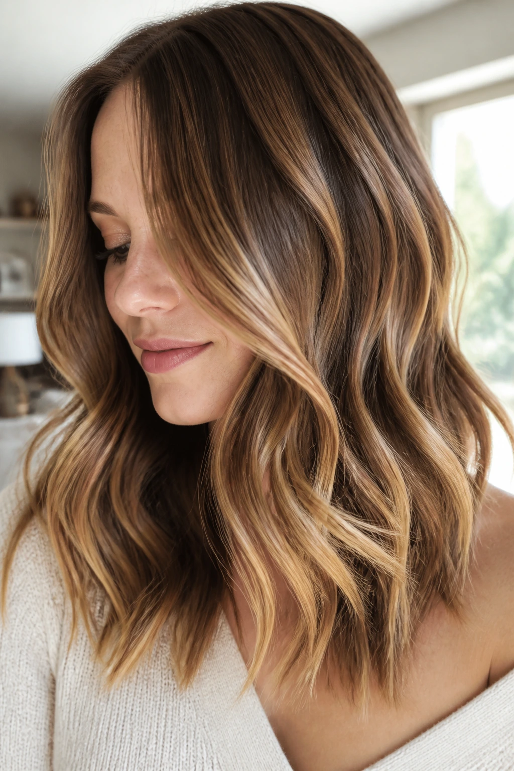 Portrait of a real woman with wide caramel ribbons through mid-lengths and ends