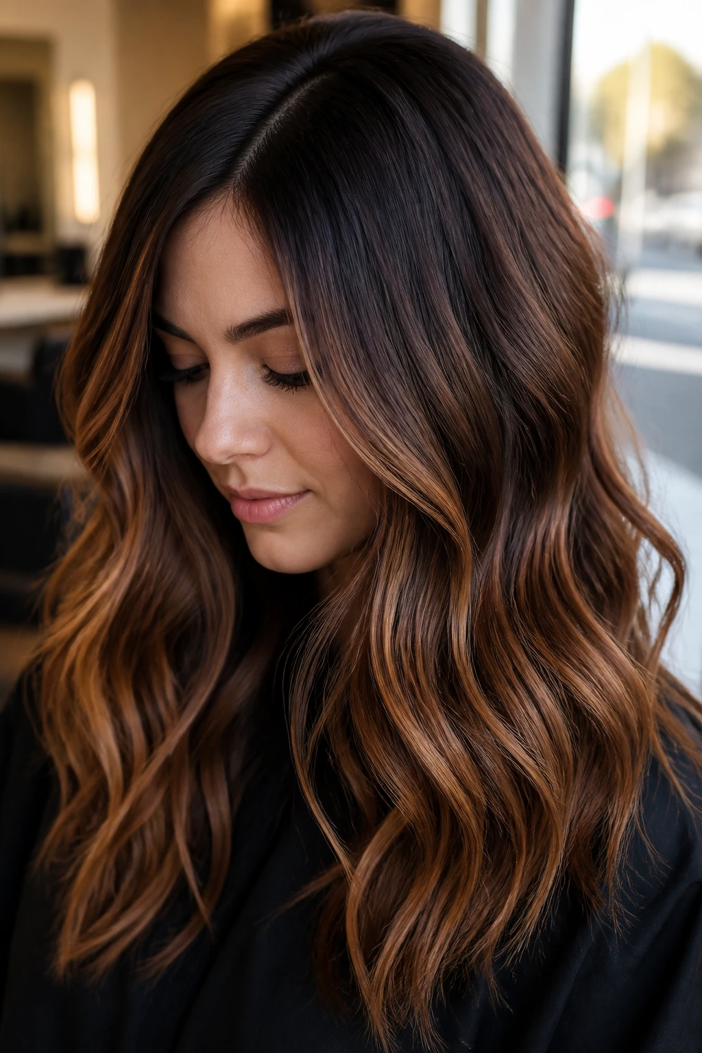 Close-up of brunette with chestnut caramel balayage and soft root melt