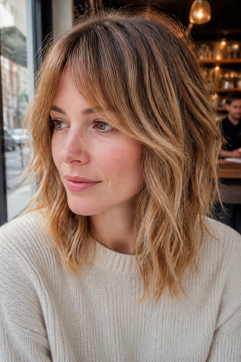 Portrait of real woman with caramel balayage ribbons on shag cut.