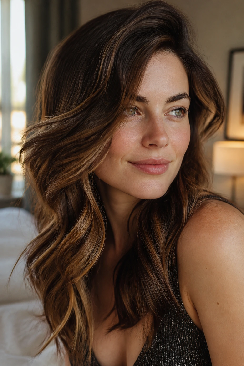 Close-up portrait of a real woman with chocolate caramel balayage styled in loose waves under warm window light
