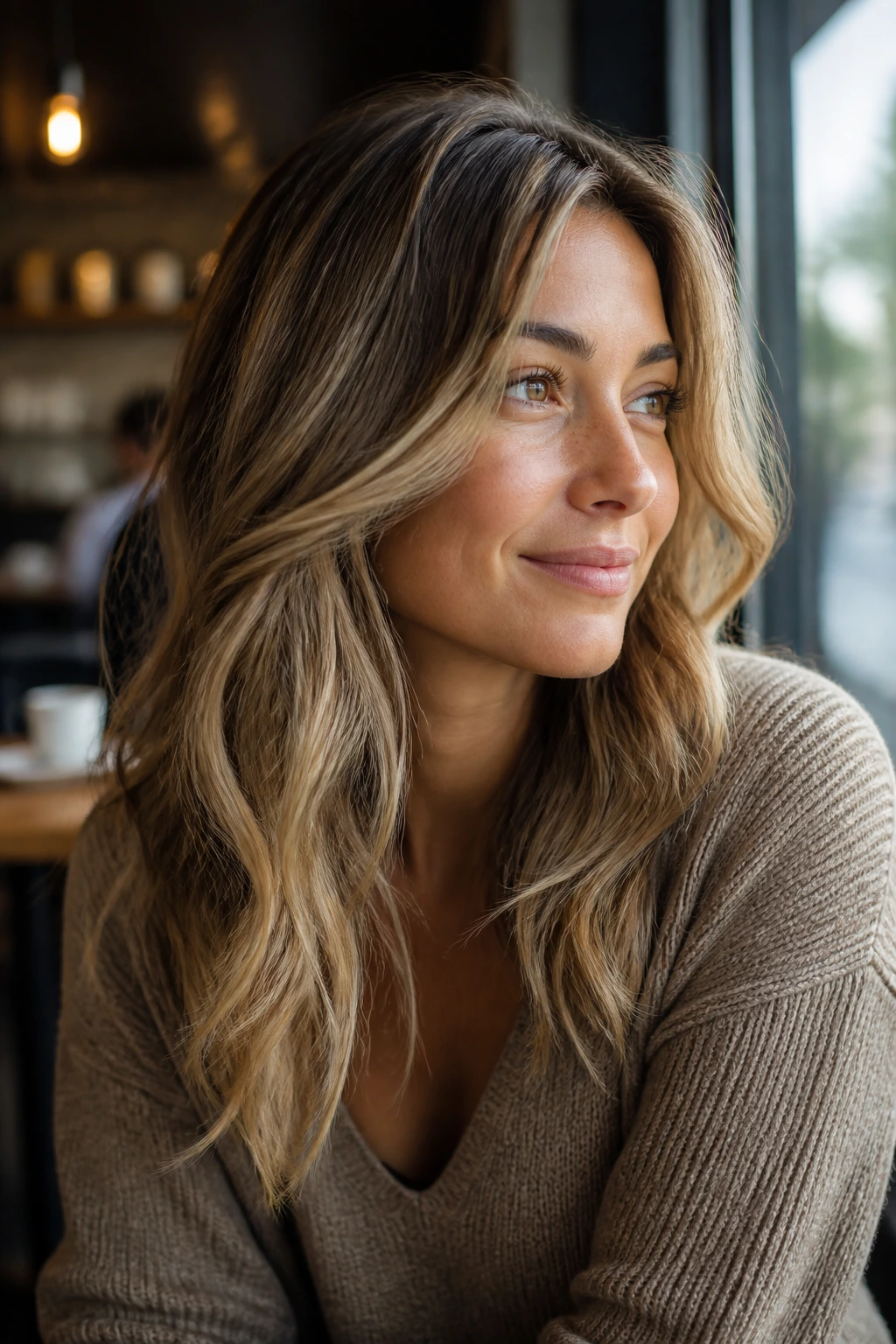 Close-up of a real woman with champagne-dusted highlights on dark blonde base