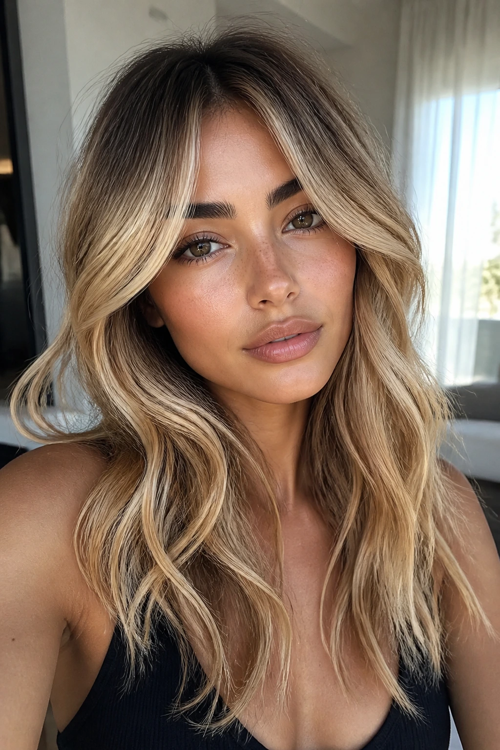 Portrait of a real woman with multi-tone butter blonde hair variations