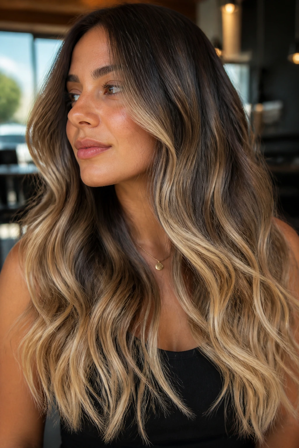 Close-up of brunette-to-champagne balayage on thick hair on a real woman