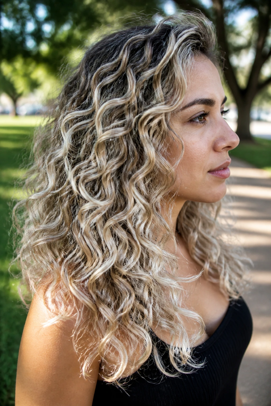Close-up of a real woman with icy champagne balayage on curls
