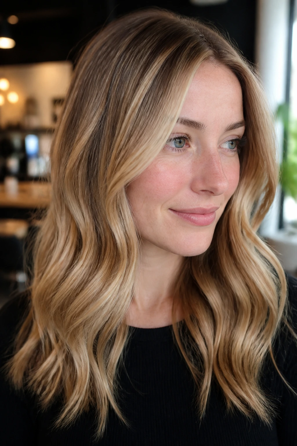 Close-up portrait of a real person with champagne ribbon balayage in a sunlit salon.