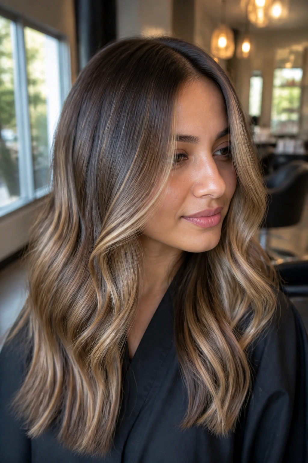 Brunette with champagne toffee balayage ribbons starting below the root.