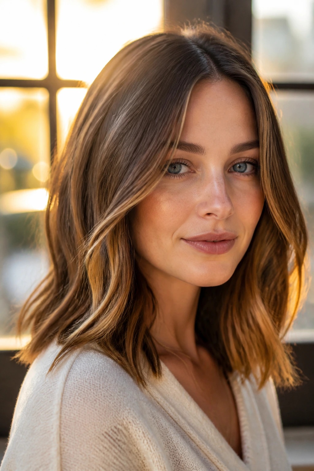 Close-up of a real woman with honeyed chestnut caramel balayage in warm window light