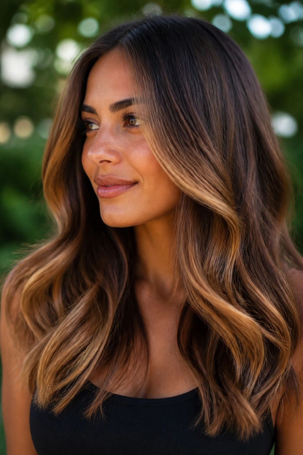 Chestnut base hair with honey caramel balayage ribbons on a real person.