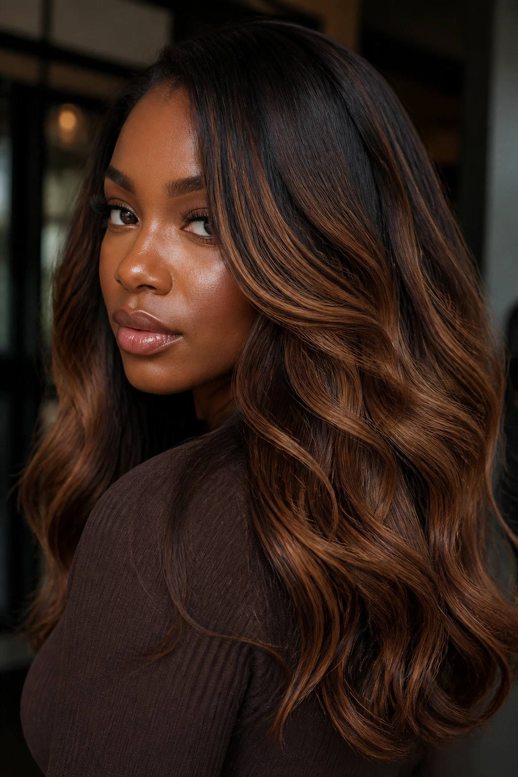 Close-up profile of chestnut caramel balayage on deep hair with espresso roots