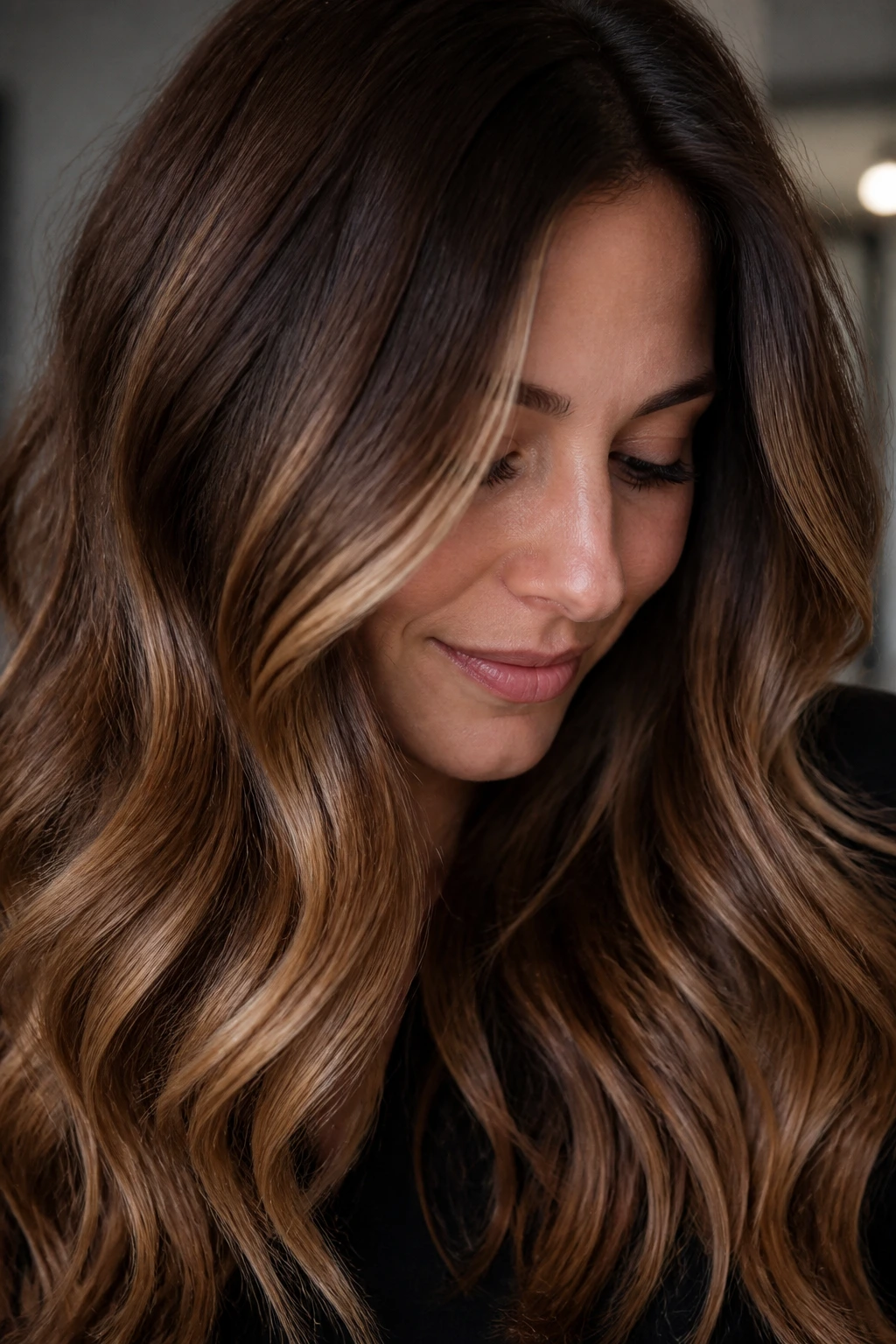 Chestnut-to-caramel balayage on long hair with soft waves