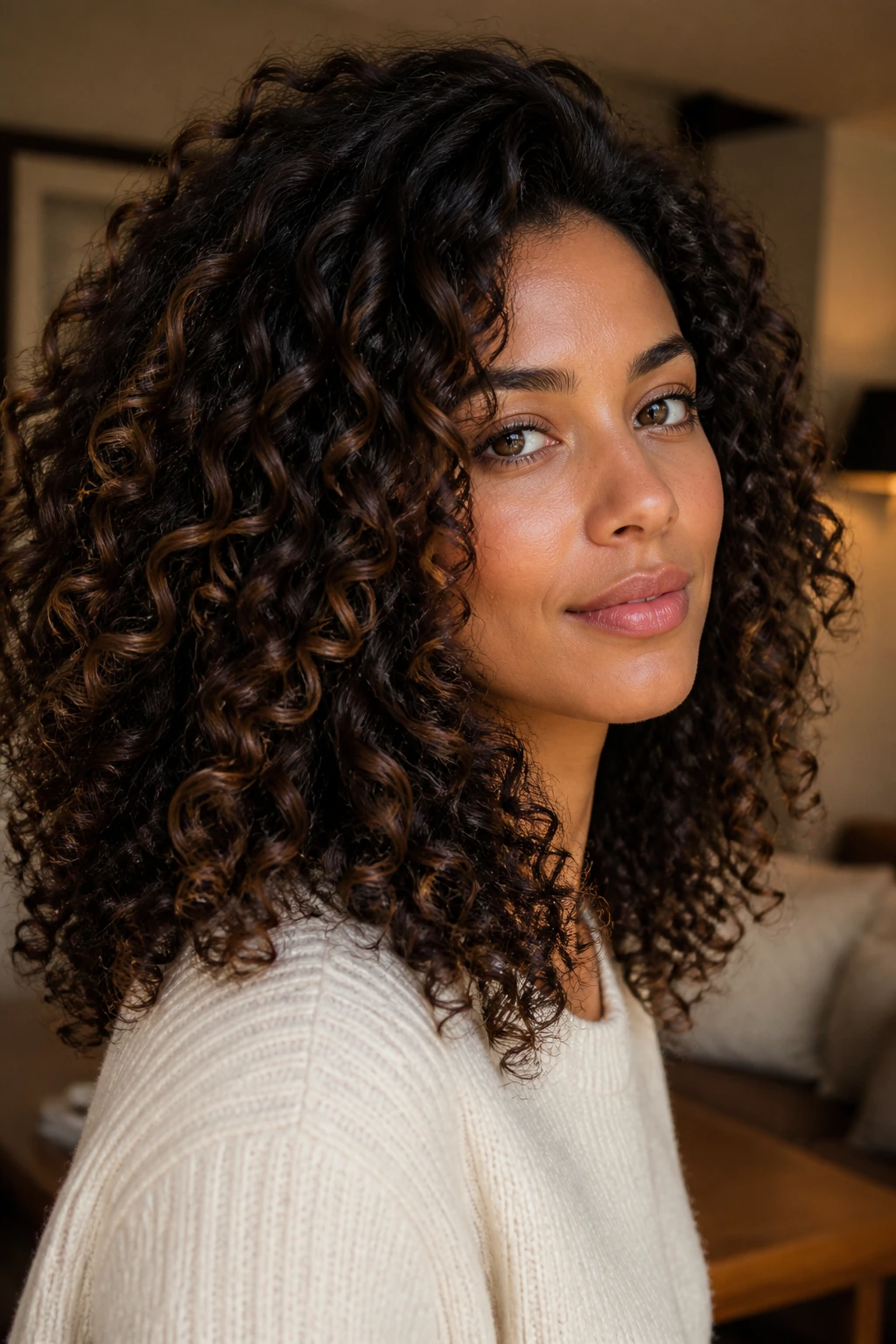 Close-up of curly hair with subtle chestnut ribbons weaving through curls