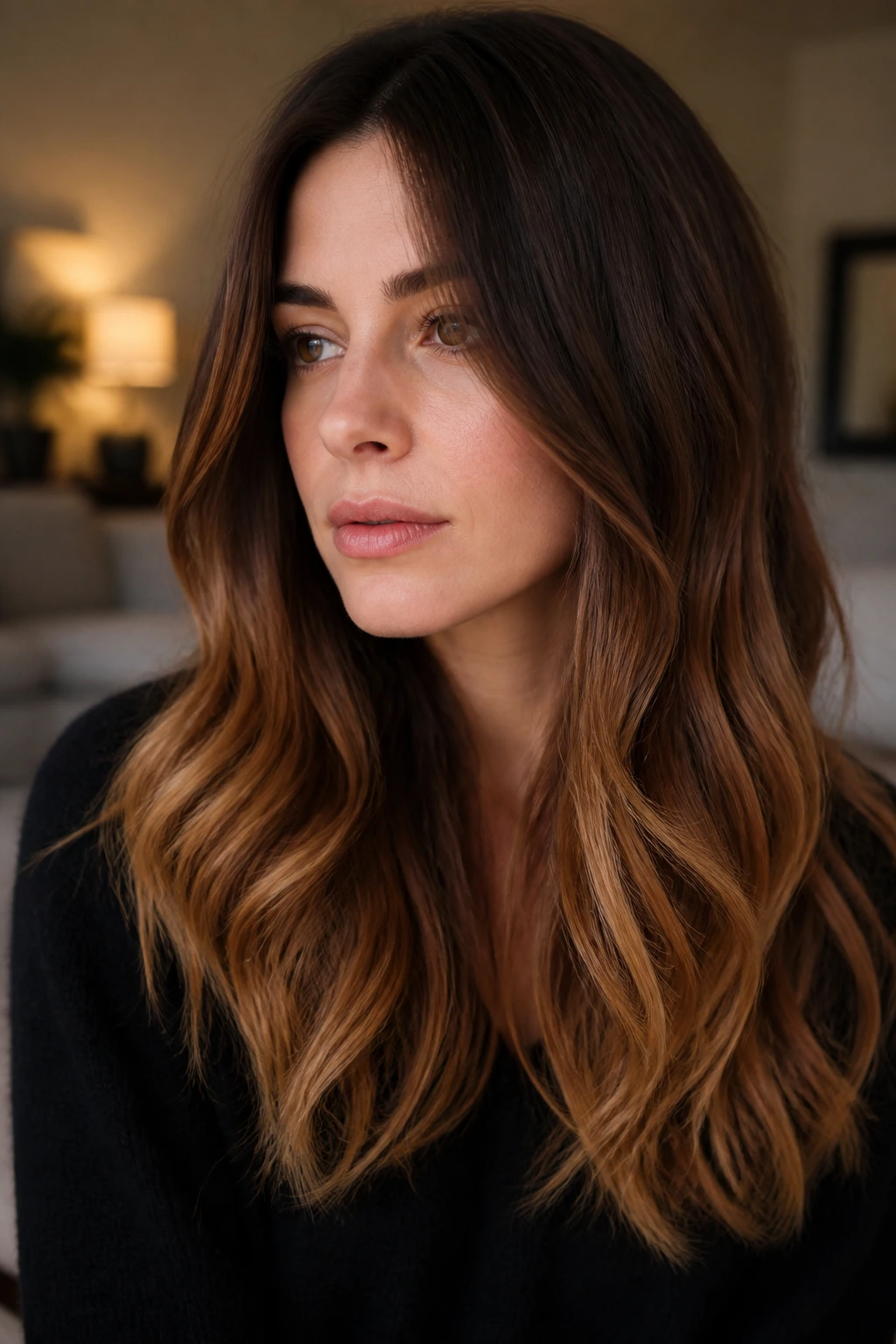 Portrait of a real woman with dimensional chestnut ombre.
