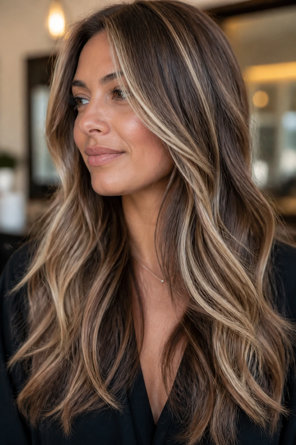 Close-up of chestnut hair with platinum ribbons woven through in a balayage