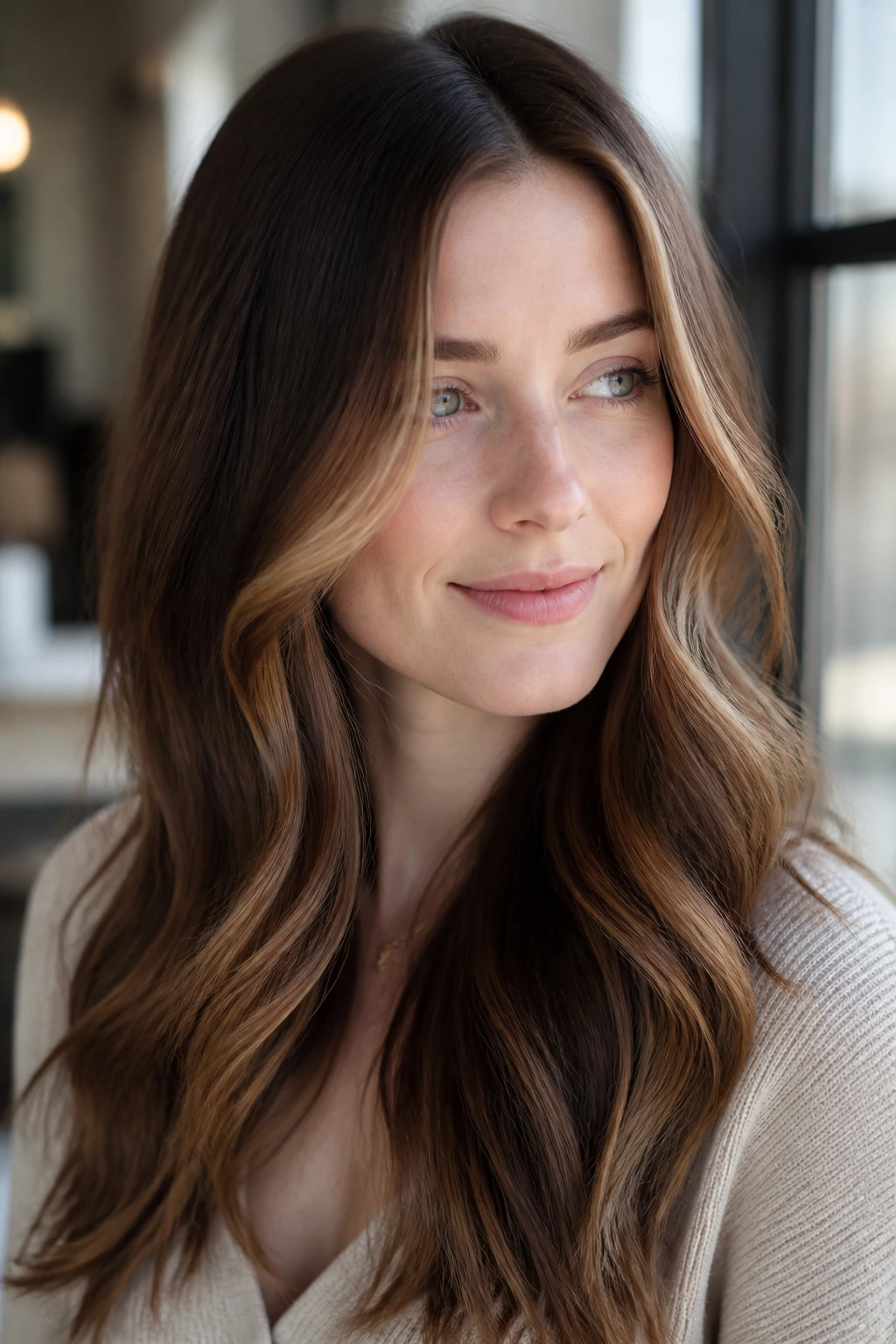 Portrait of a real person with fair skin and chocolate caramel balayage, showing balanced contrast