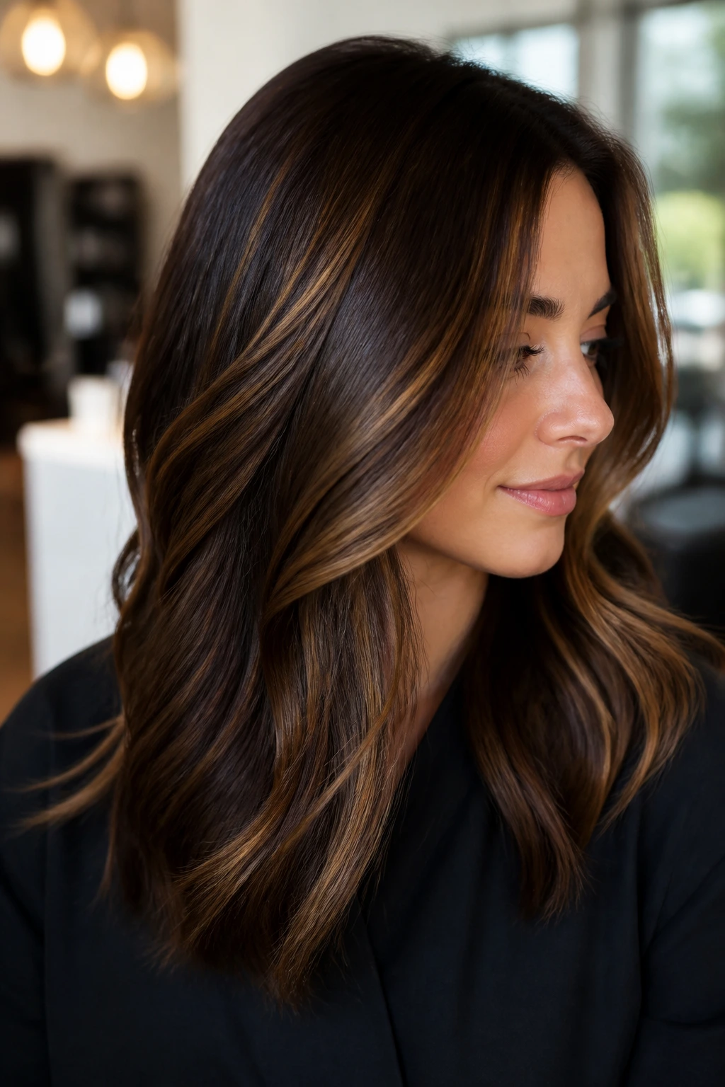Hair showing glossy chocolate base with caramel stripes