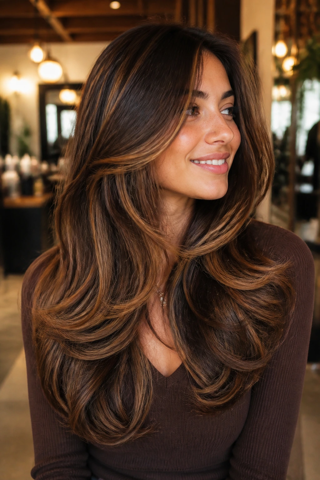 Brunette with cinnamon caramel layered swirls in hair
