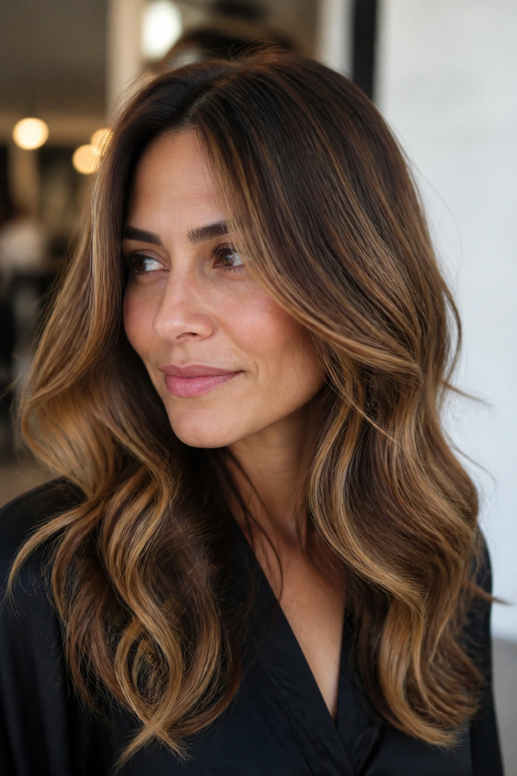 Portrait of person with cinnamon-caramel ribbon balayage on medium brown hair.