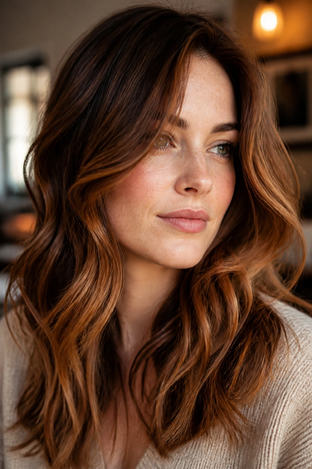 Portrait of a real woman with cinnamon glaze balayage.