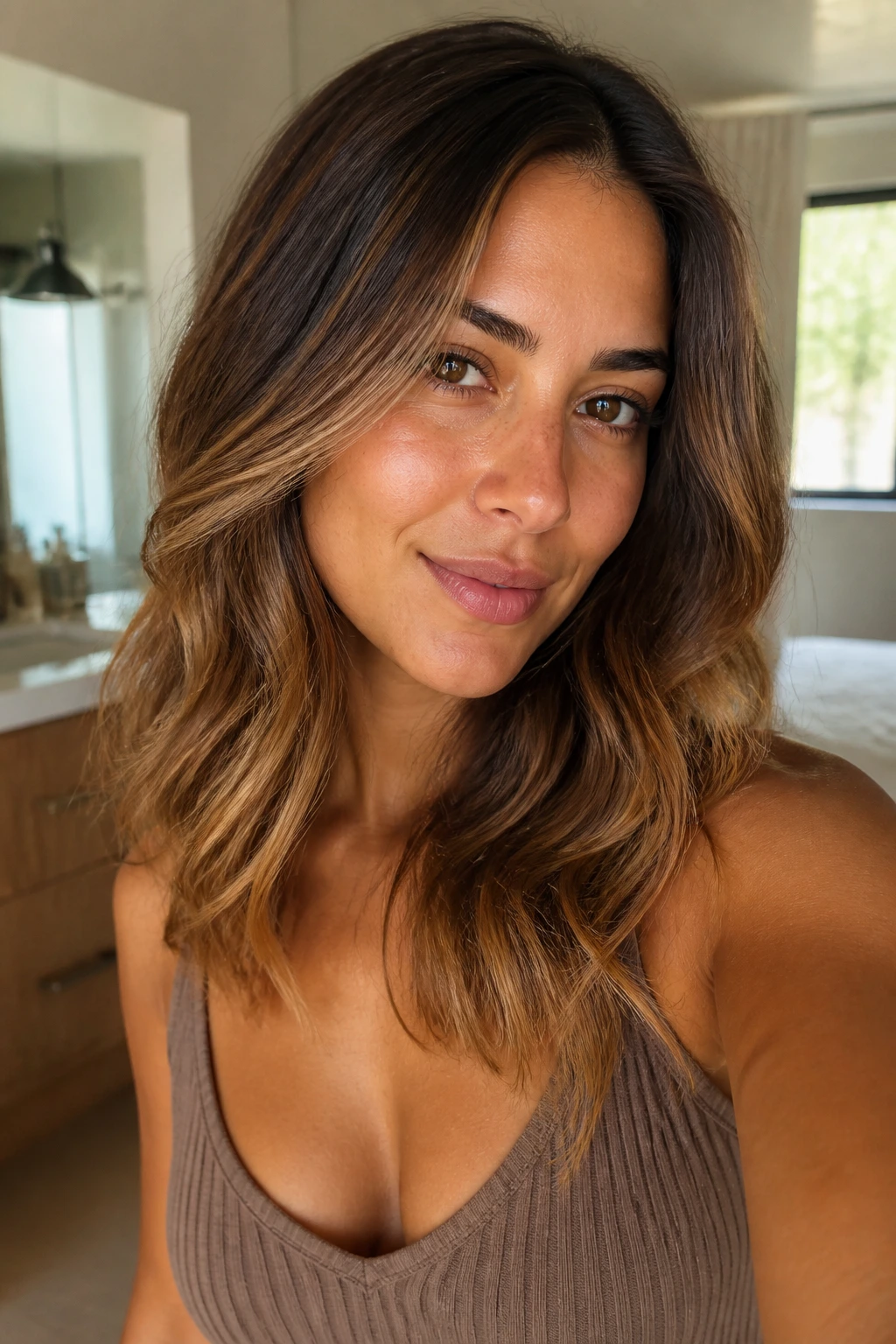 Close-up portrait of a real woman with brunette cinnamon-gold balayage melt on midlengths