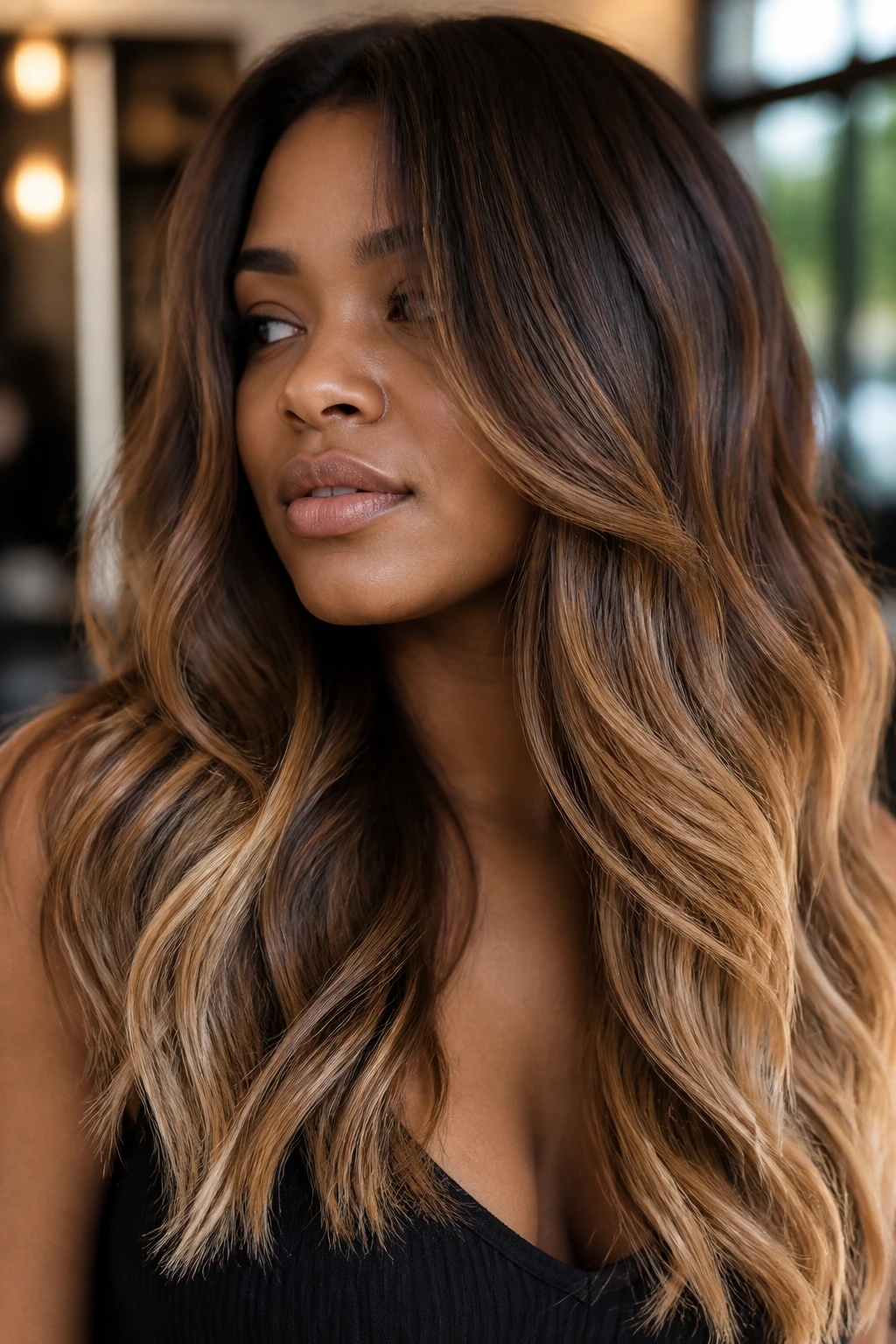 Close-up of cocoa-to-caramel melt balayage on long deep-skinned hair.