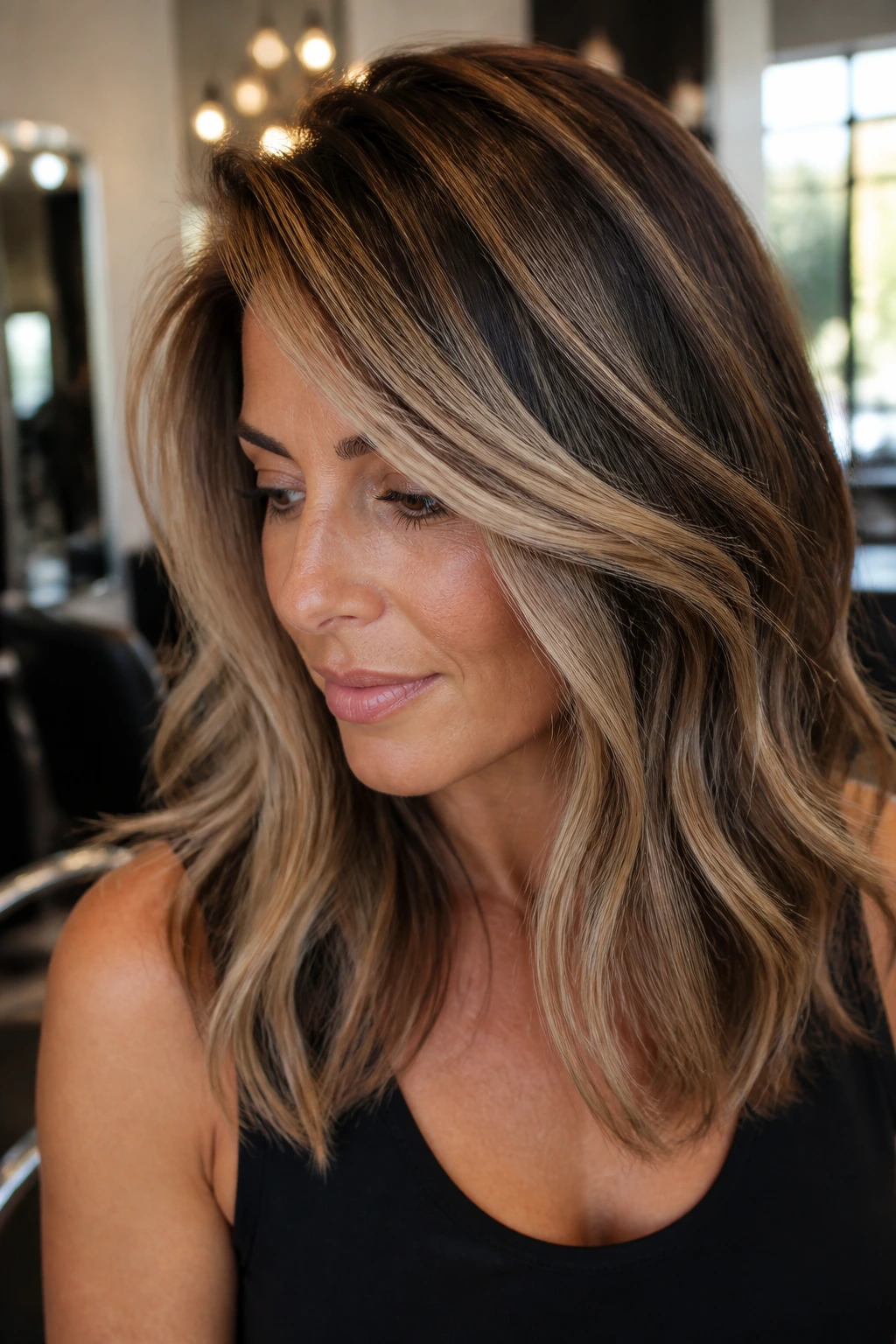 Close-up portrait of a woman with balayage color and color-boosting layers.