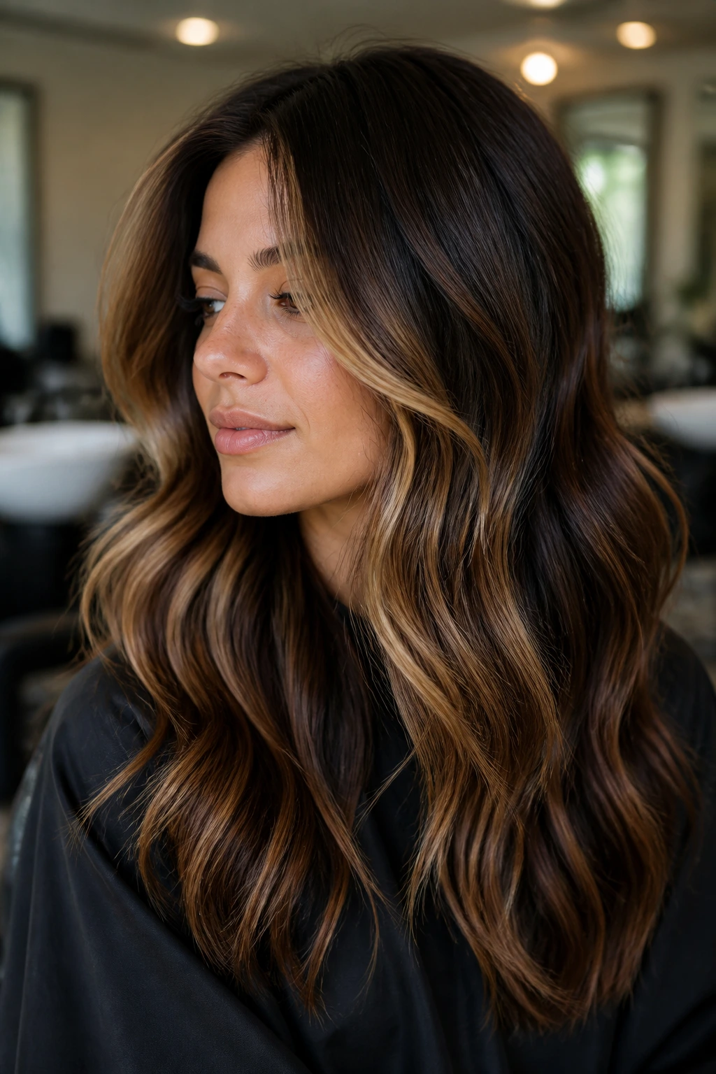 Close-up portrait of brunette client in a salon discussing blonde balayage in daylight