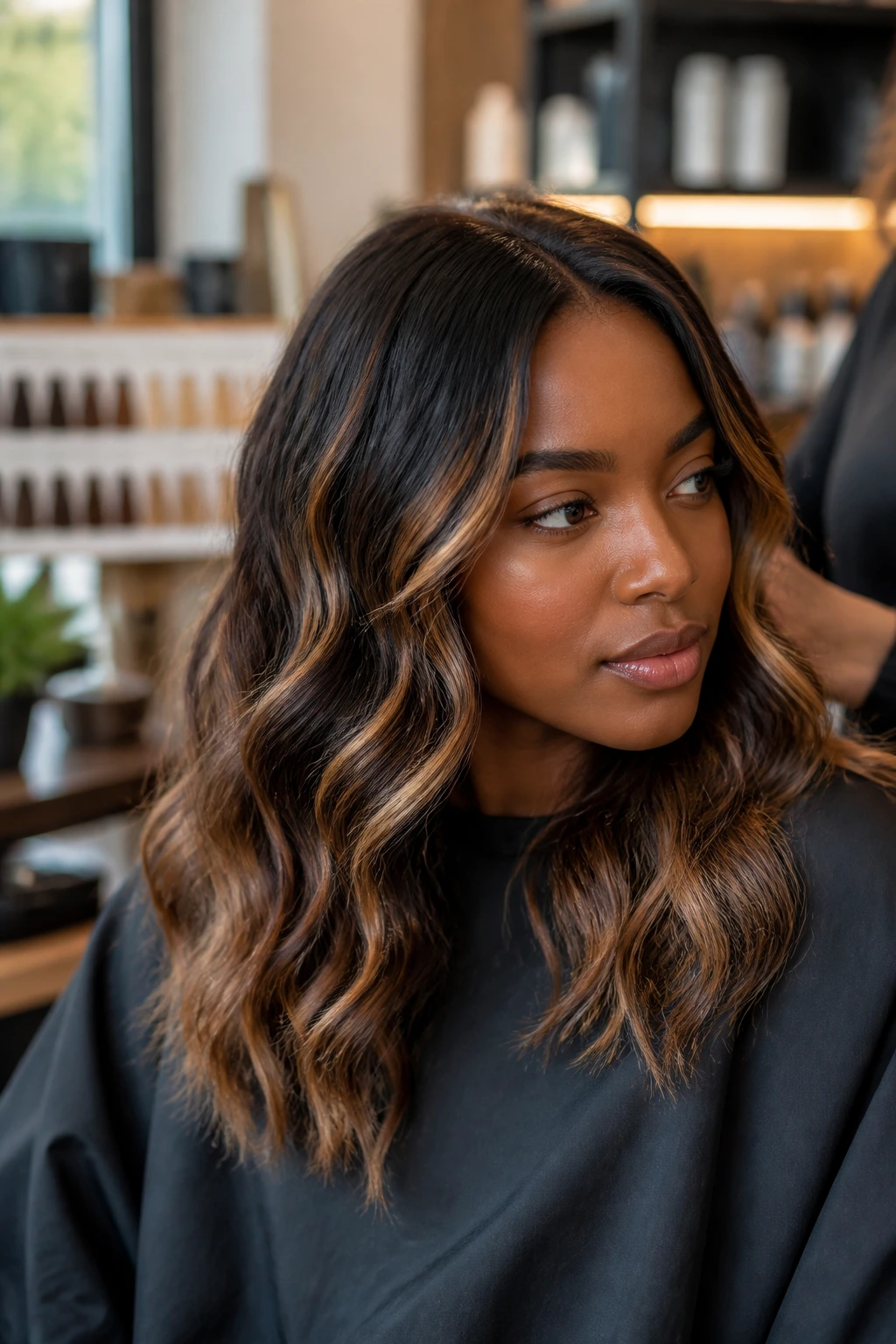 Close-up portrait of a client in salon chair during balayage consultation about beige brown tones.