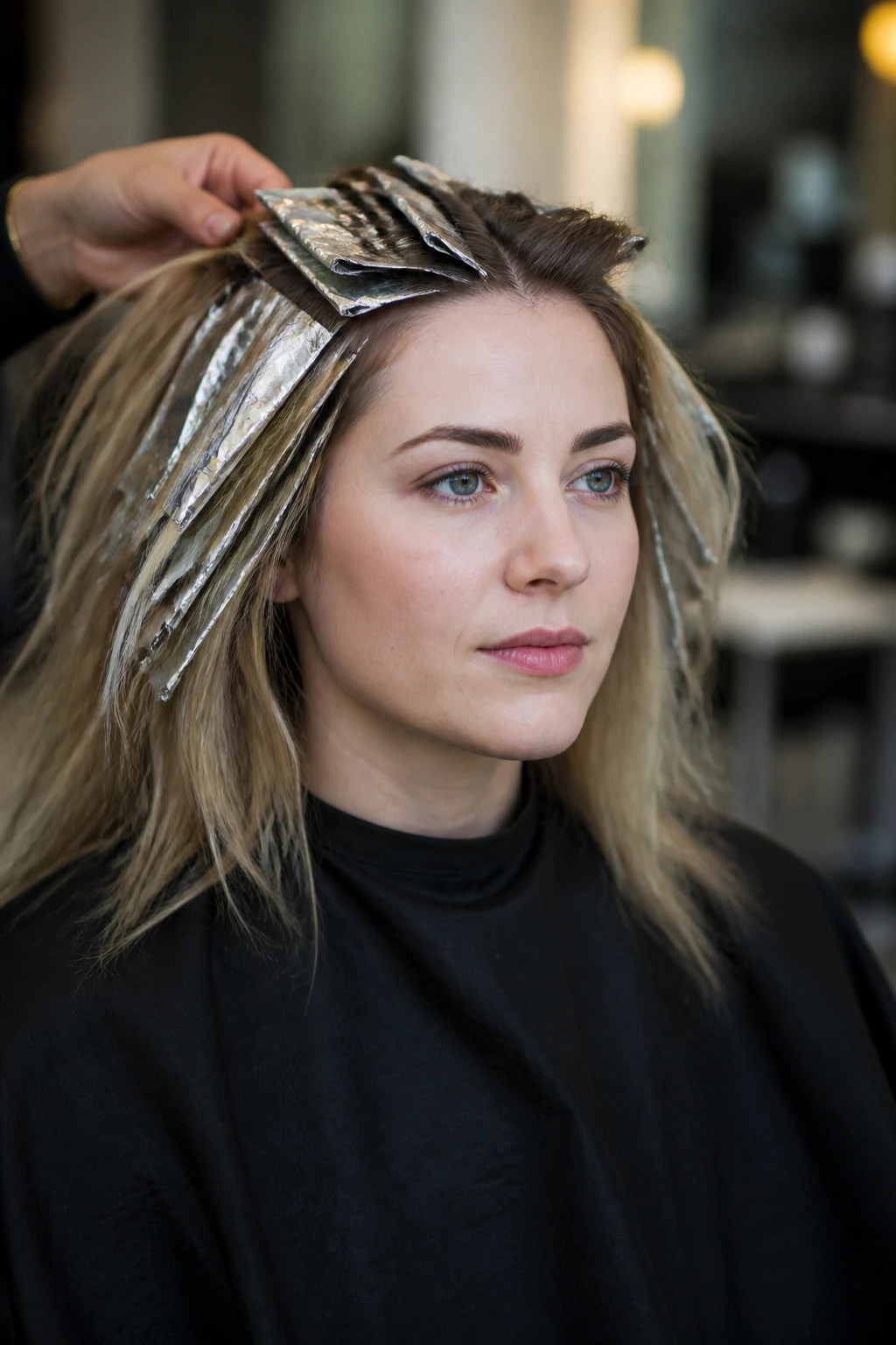 Portrait of a client in a salon chair prepared for foil color discussion.