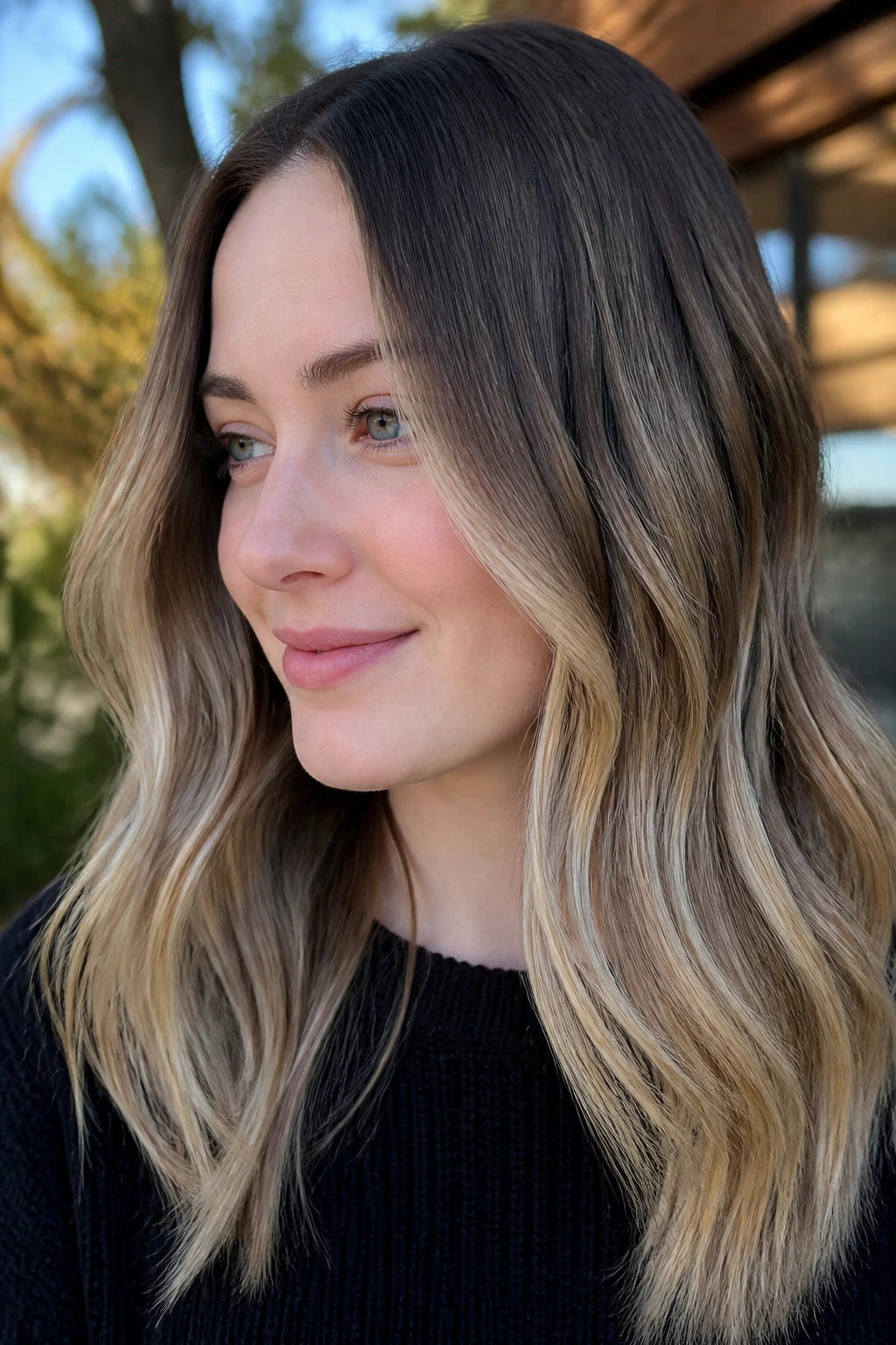 Portrait of woman with cool beige slices creating definition on pale skin