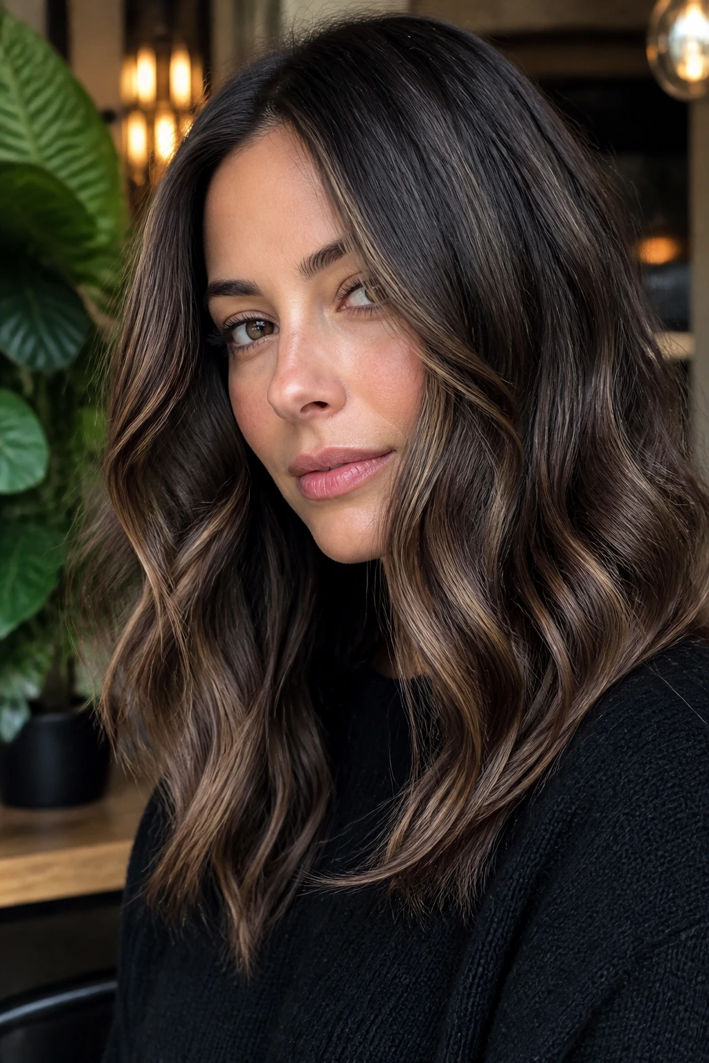 Close-up of a real woman with cool coffee balayage in a cozy setting