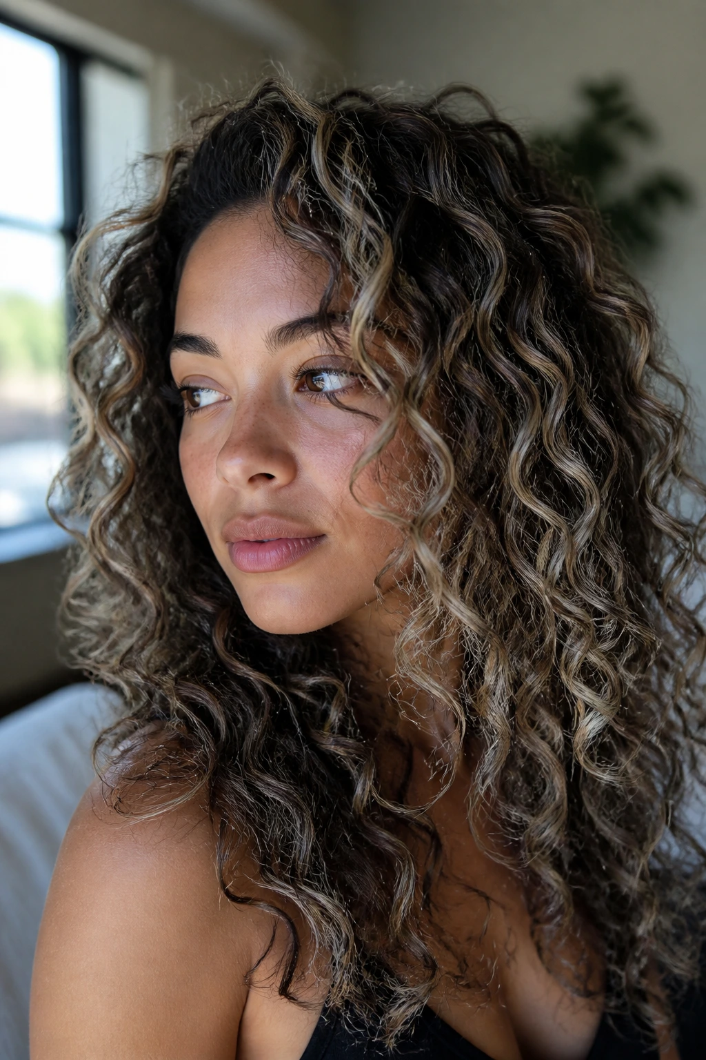 Real woman with cool sand balayage on dark curls, soft modern look