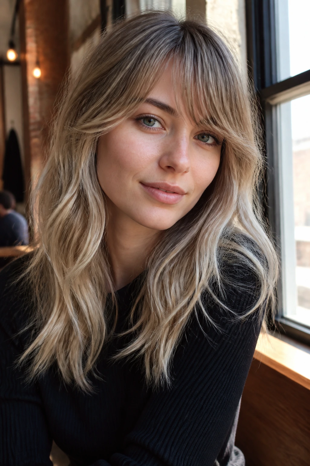 Close-up portrait of a real person with cool sand balayage and a loose fringe.