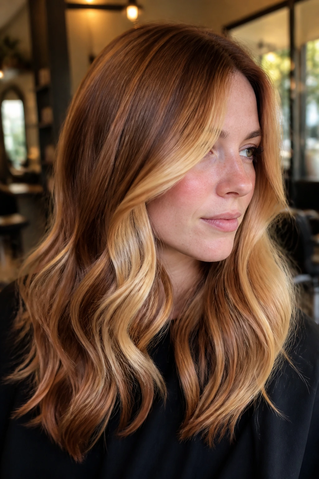 Portrait of a real person with champagne-gold balayage on copper-adjacent brown hair, glossy finish