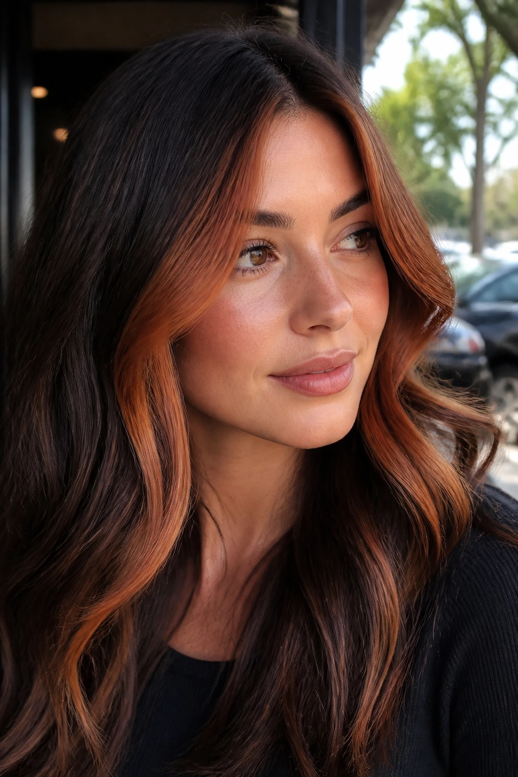 Portrait of a real woman with cinnamon copper face frame balayage.