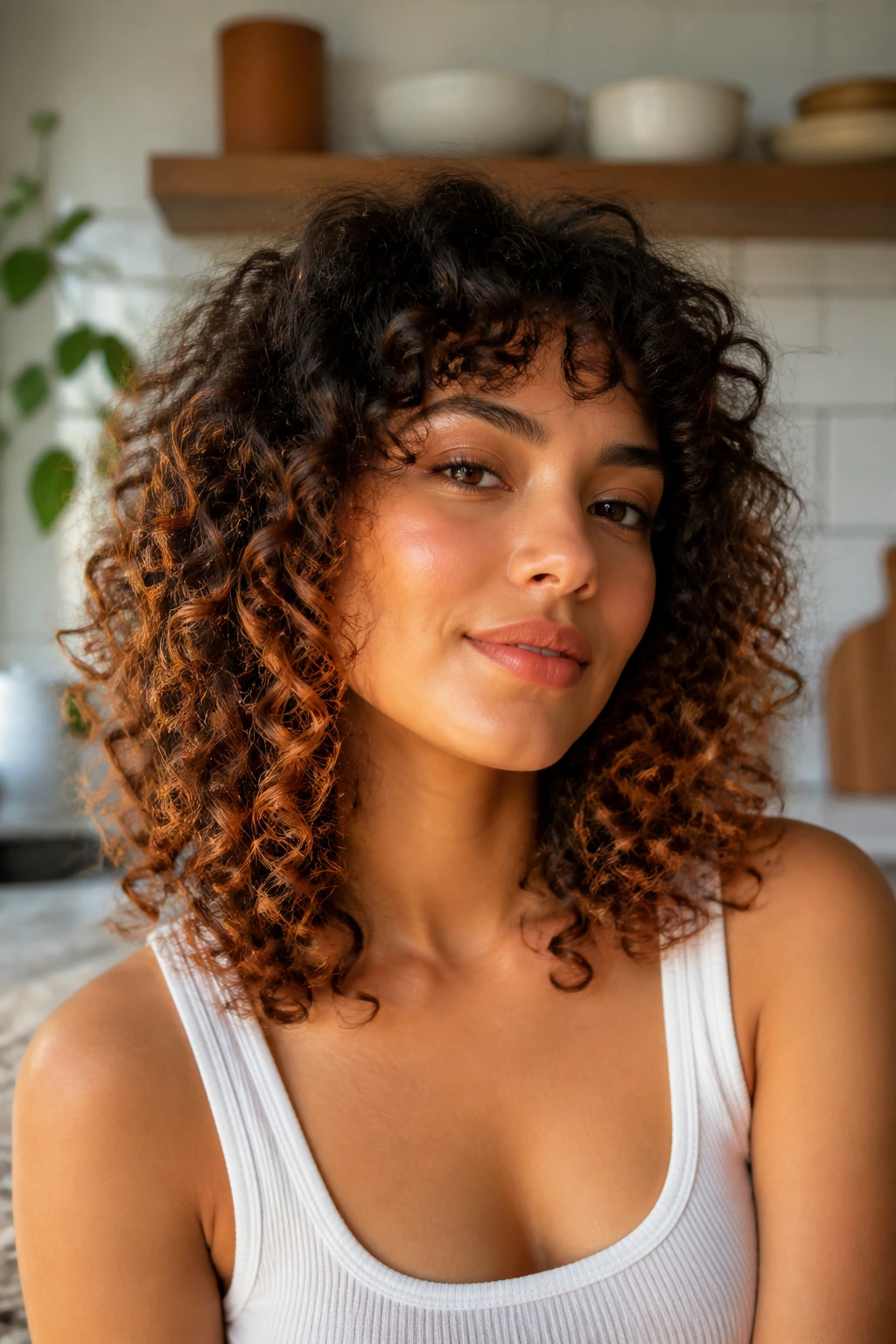 Close-up of curly hair with copper glaze on the ends
