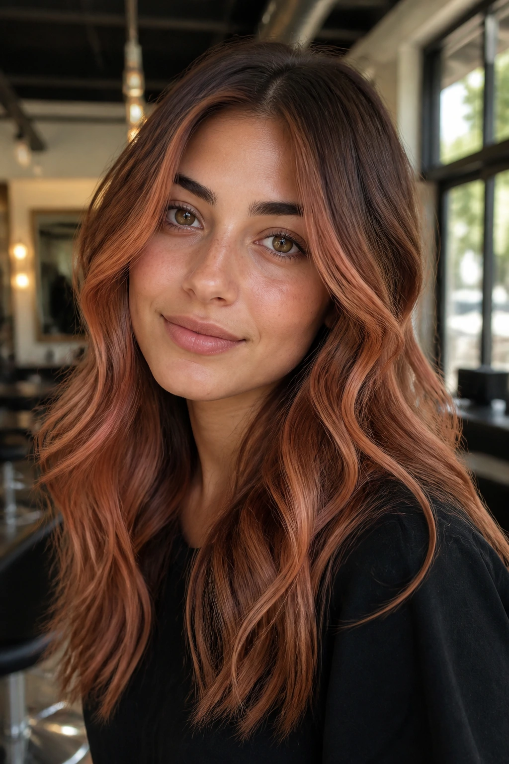 Close-up portrait of a woman with olive skin and copper-peach balayage in natural salon light
