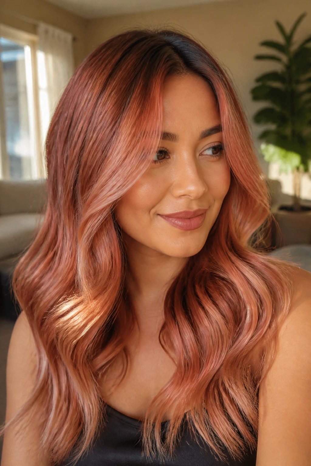 Close-up of hair with soft copper strawberry balayage on wavy hair.