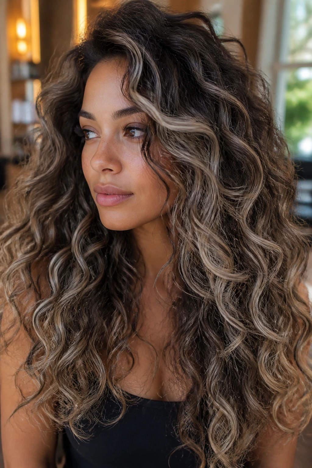 Close-up of real woman with smoky ash balayage in long curls