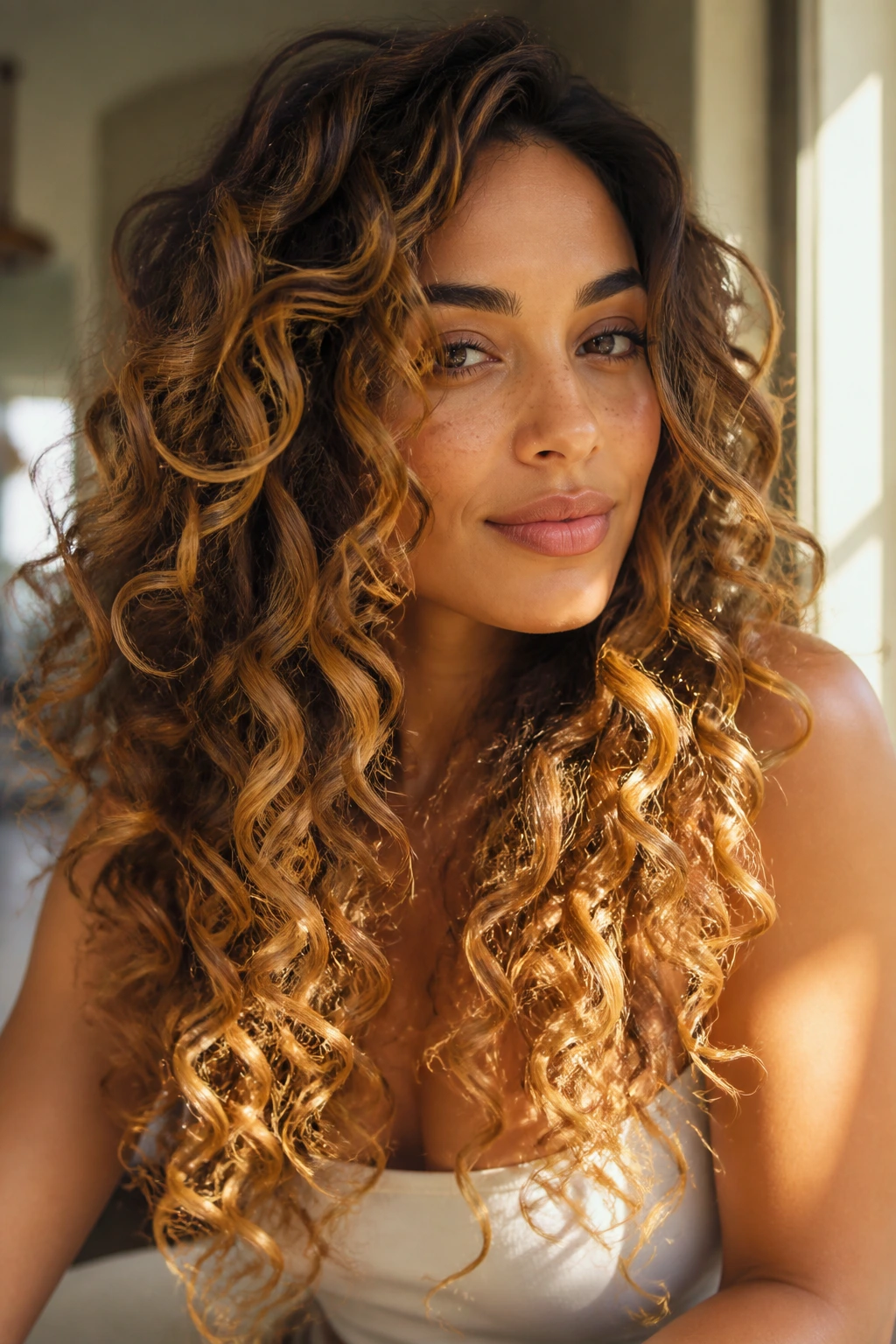 Close-up of long boho curls with multi-tone caramel balayage on a real person