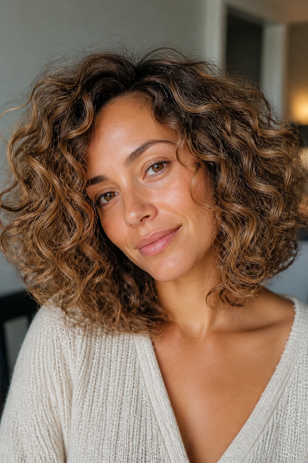 Shoulder-length curly hairstyle with seamless caramel balayage on a real person